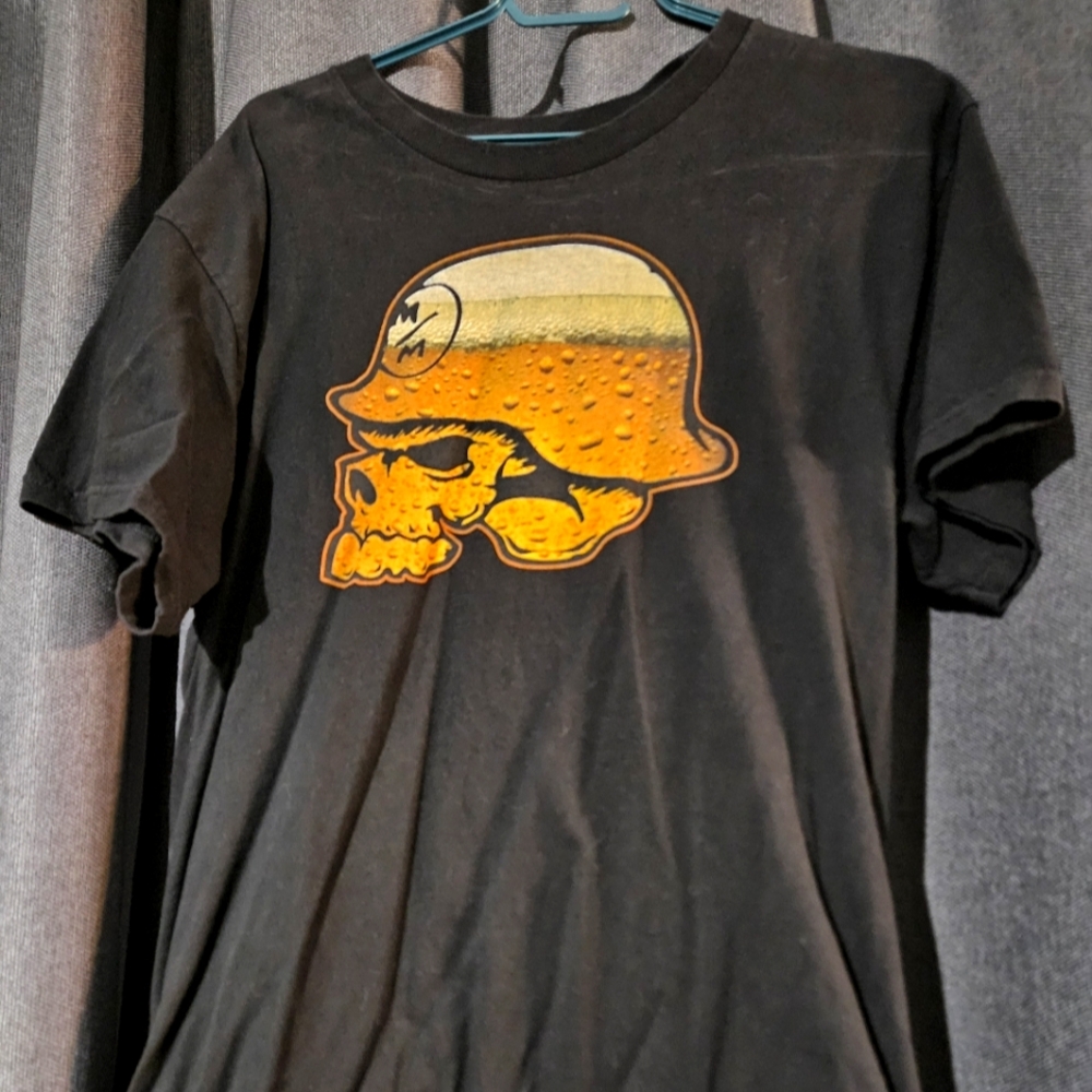 Metal Mulisha Black Tee with Orange Skull Helmet Design